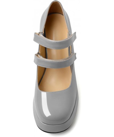 Platform Mary Janes Women Chunky Block Heel Pumps Closed Round Toe 4 Inch Double Strap High Heel Shoes Patent Grey $33.74 Pumps