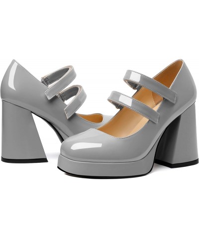 Platform Mary Janes Women Chunky Block Heel Pumps Closed Round Toe 4 Inch Double Strap High Heel Shoes Patent Grey $33.74 Pumps