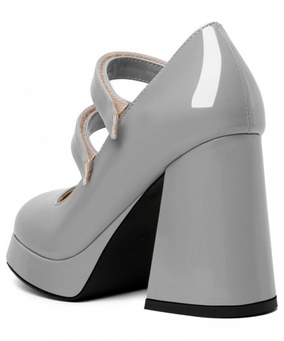 Platform Mary Janes Women Chunky Block Heel Pumps Closed Round Toe 4 Inch Double Strap High Heel Shoes Patent Grey $33.74 Pumps