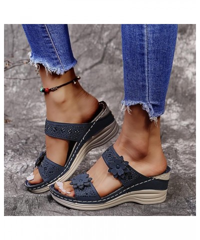 Beach Sandals For Women Arch Support Dressy Summer Orthopedic Slide Sandals Comfy Wide Width Walking Shoes Blue $14.84 Sandals