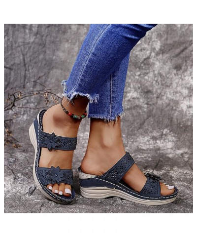 Beach Sandals For Women Arch Support Dressy Summer Orthopedic Slide Sandals Comfy Wide Width Walking Shoes Blue $14.84 Sandals