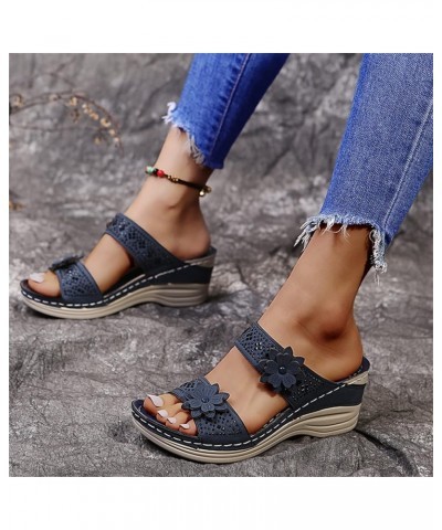 Beach Sandals For Women Arch Support Dressy Summer Orthopedic Slide Sandals Comfy Wide Width Walking Shoes Blue $14.84 Sandals