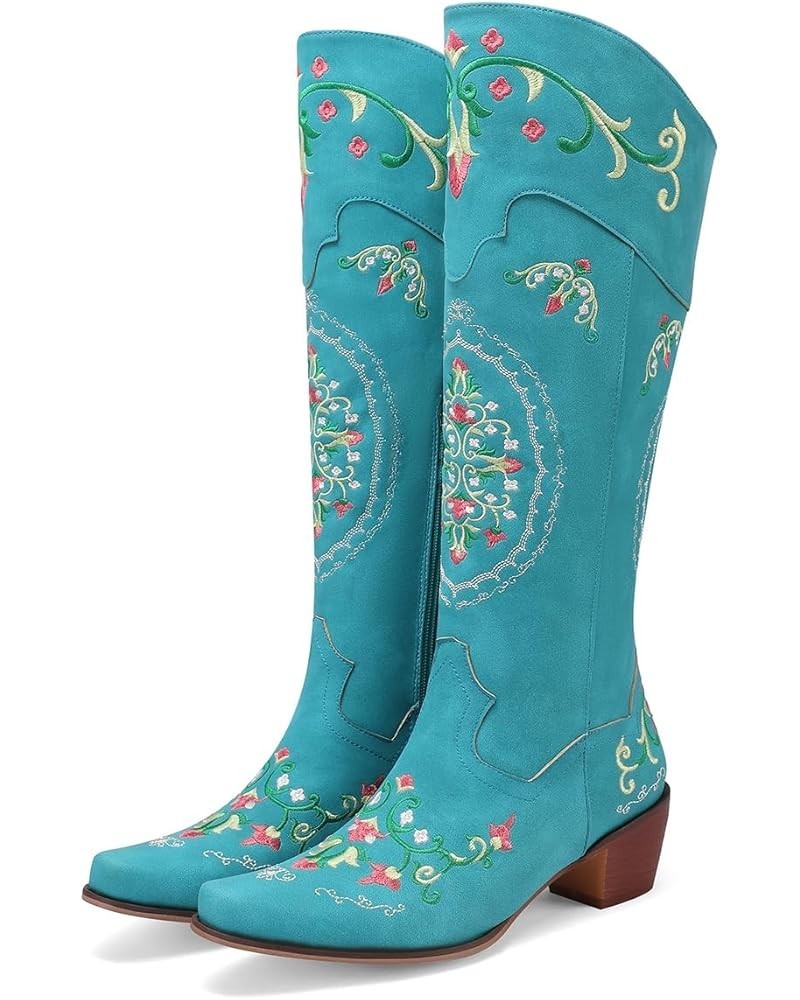 Classic Cowgirl Boots for Women Chunky Heel Western Knee High Boots 709 Blue $38.48 Boots