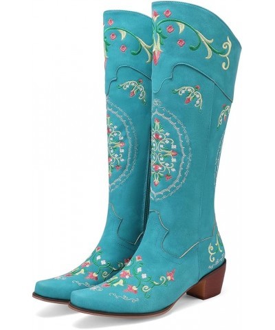 Classic Cowgirl Boots for Women Chunky Heel Western Knee High Boots 709 Blue $38.48 Boots