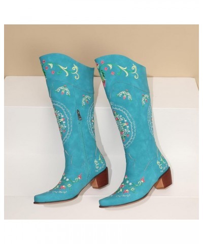 Classic Cowgirl Boots for Women Chunky Heel Western Knee High Boots 709 Blue $38.48 Boots