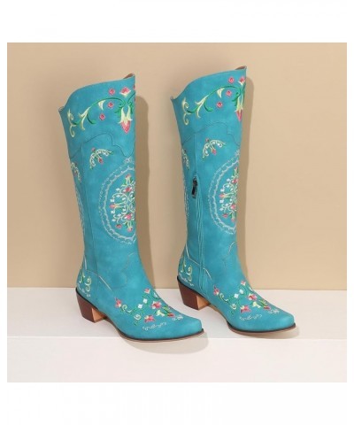 Classic Cowgirl Boots for Women Chunky Heel Western Knee High Boots 709 Blue $38.48 Boots