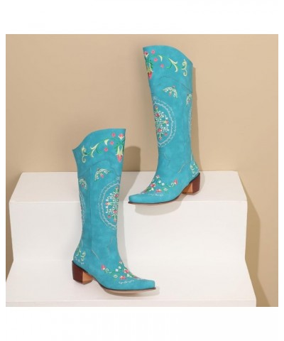 Classic Cowgirl Boots for Women Chunky Heel Western Knee High Boots 709 Blue $38.48 Boots