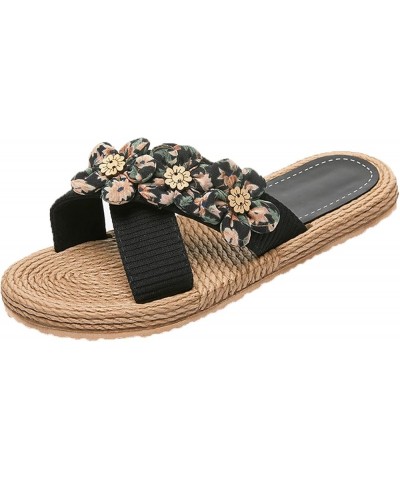 Ladies Flat Floral Flower Slippers Floral Beach Slippers Slip On Fashion Slippers Flat Jelly Thong Sandals for Women Black $8...