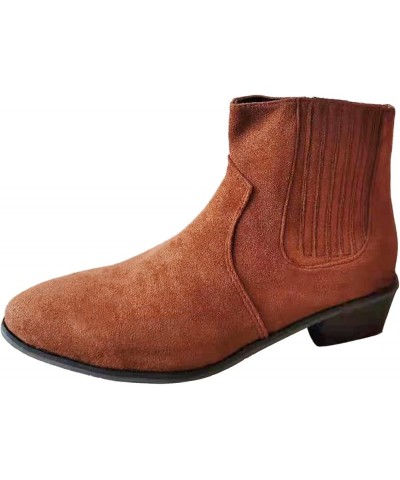 Women's Side Way Ankle Boots Suede Low Heel Boots Slouchy Striped Boots Retro Chelsea Boots with Zipper Brown $21.82 Boots