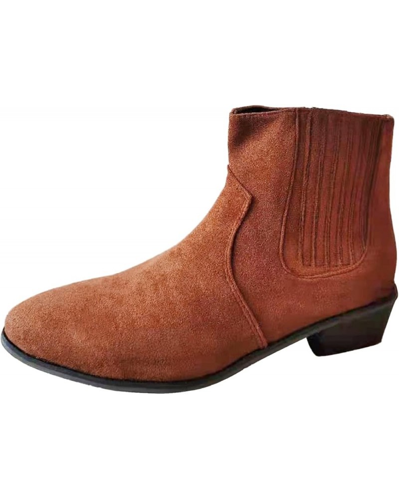 Women's Side Way Ankle Boots Suede Low Heel Boots Slouchy Striped Boots Retro Chelsea Boots with Zipper Brown $21.82 Boots