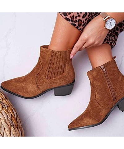 Women's Side Way Ankle Boots Suede Low Heel Boots Slouchy Striped Boots Retro Chelsea Boots with Zipper Brown $21.82 Boots