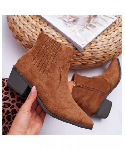 Women's Side Way Ankle Boots Suede Low Heel Boots Slouchy Striped Boots Retro Chelsea Boots with Zipper Brown $21.82 Boots