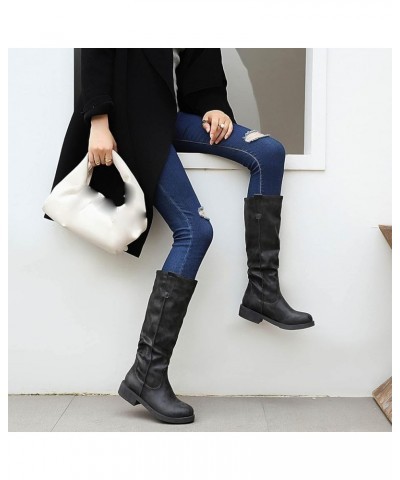 2022 Women's Autumn Winter Solid Color Vintage Thick Low Heel Western Denim Pleated Heel Leather Boots Slim Mid Boots Women's...