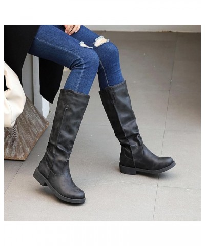 2022 Women's Autumn Winter Solid Color Vintage Thick Low Heel Western Denim Pleated Heel Leather Boots Slim Mid Boots Women's...