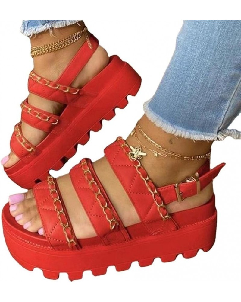 Summer Sandals for Women 2021 European and American Large Size Thick-Soled Comfortable Buckle Casual Women's Sandals red 7.5 ...