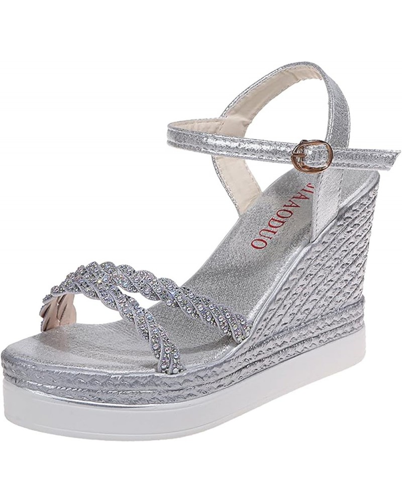 Platform Sandals for Women, Fashion Women Sandals Wedge High Heel Buckle Strap Pearl Platform Shoes Z 02-silver $25.24 Sandals