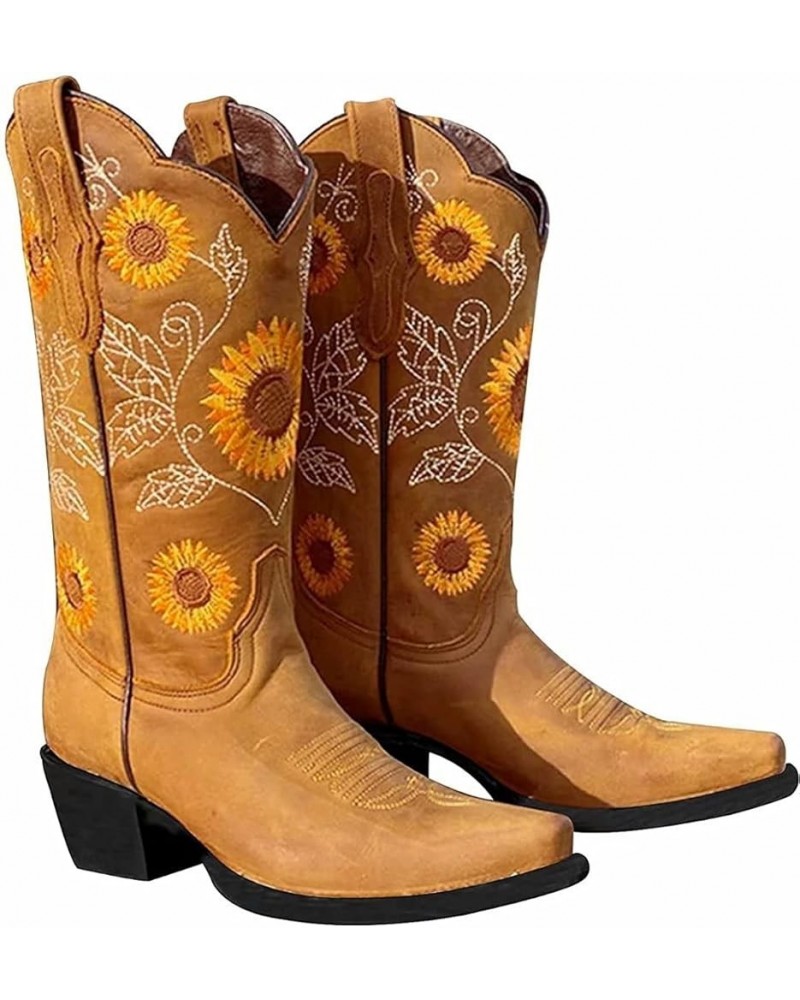 Women Sunflower Printed Western Cowboy Boots Cowgirl Retro Round Roe MidCalf Embroidered Boots Comfy Chunky Heel Boots Brown ...