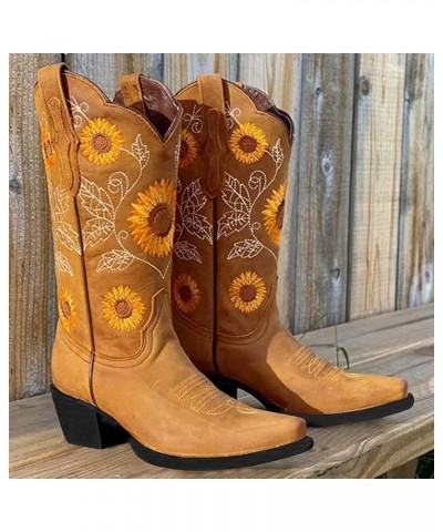 Women Sunflower Printed Western Cowboy Boots Cowgirl Retro Round Roe MidCalf Embroidered Boots Comfy Chunky Heel Boots Brown ...