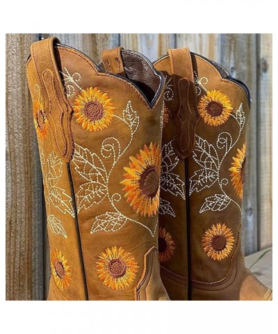 Women Sunflower Printed Western Cowboy Boots Cowgirl Retro Round Roe MidCalf Embroidered Boots Comfy Chunky Heel Boots Brown ...