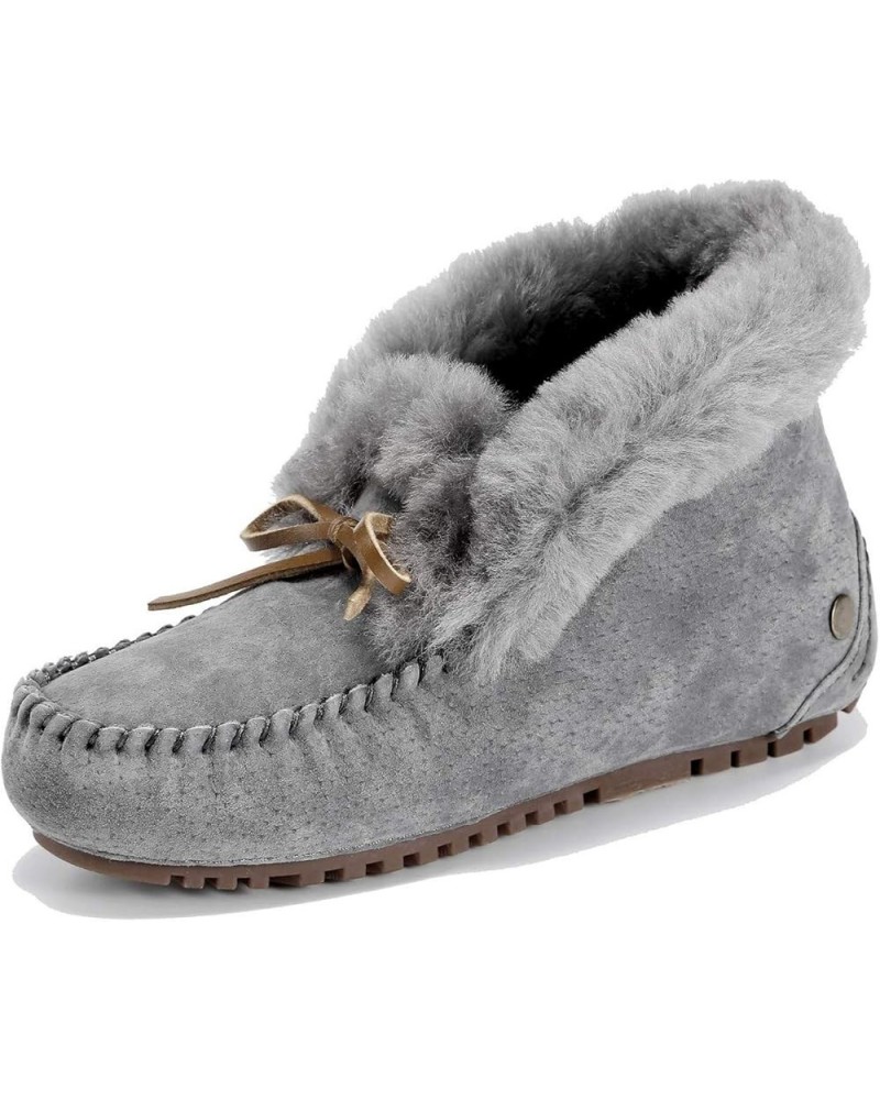 Women's Moccasin Slippers with Warm Wool Lining, Pigskin Leather Non-Slip Rubber Sole for Indoor and Outdoor Casual Winter Fl...