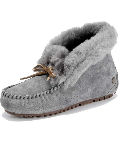 Women's Moccasin Slippers with Warm Wool Lining, Pigskin Leather Non-Slip Rubber Sole for Indoor and Outdoor Casual Winter Fl...