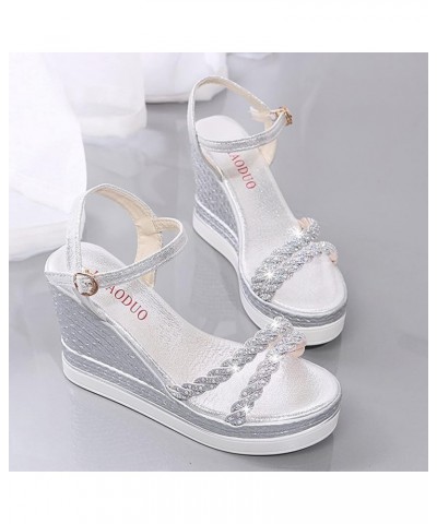 Platform Sandals for Women, Fashion Women Sandals Wedge High Heel Buckle Strap Pearl Platform Shoes Z 02-silver $25.24 Sandals