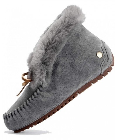 Women's Moccasin Slippers with Warm Wool Lining, Pigskin Leather Non-Slip Rubber Sole for Indoor and Outdoor Casual Winter Fl...