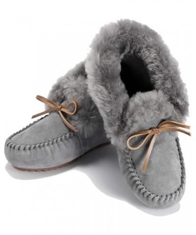 Women's Moccasin Slippers with Warm Wool Lining, Pigskin Leather Non-Slip Rubber Sole for Indoor and Outdoor Casual Winter Fl...