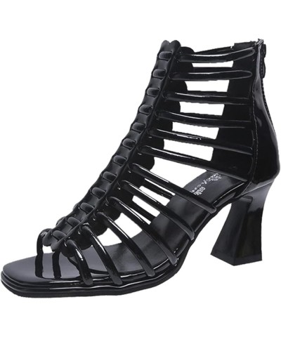 Ladies Fashion Solid Color Leather Thin Belt Combination Hollow Back Zipper Thick High Heeled Circus Sandals for Women Black ...