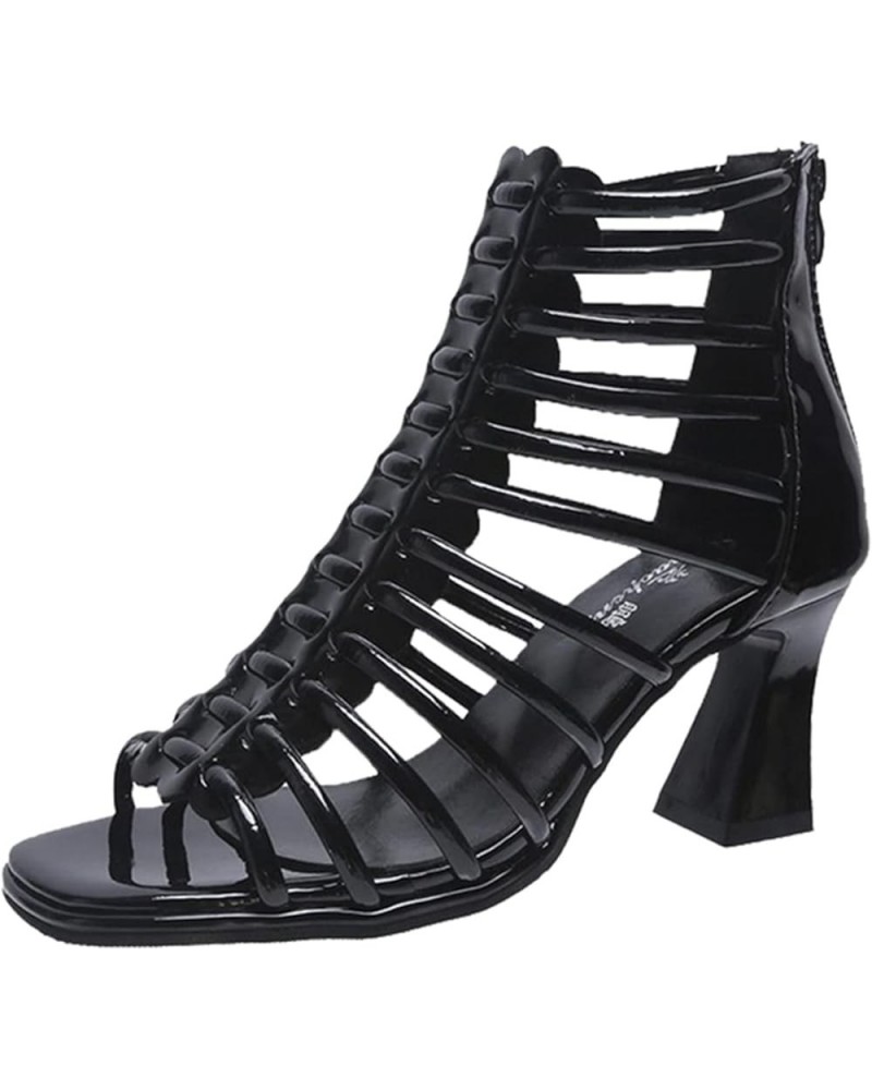 Ladies Fashion Solid Color Leather Thin Belt Combination Hollow Back Zipper Thick High Heeled Circus Sandals for Women Black ...