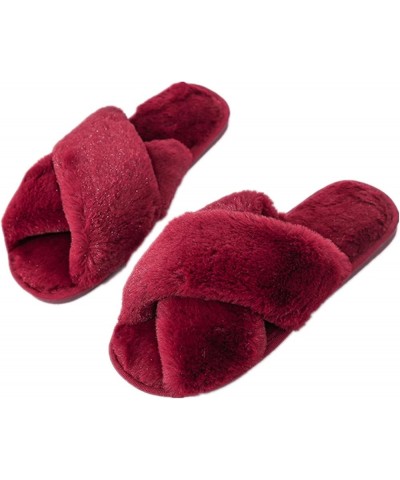 Women's Cross Band Fuzzy Fluffy Furry Slippers Flip Flop Open Toe Cozy House Sandals Soft Flat Slides Plush Shoes Indoor Outd...