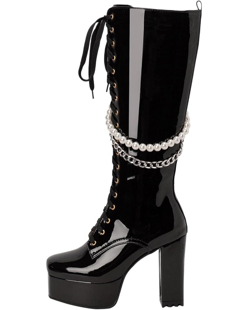 Knee High Boots Women Long Boots Solid Color Square Toe Thick High Heels Platform Glossy Leather Women Boots Lace Up Black $3...