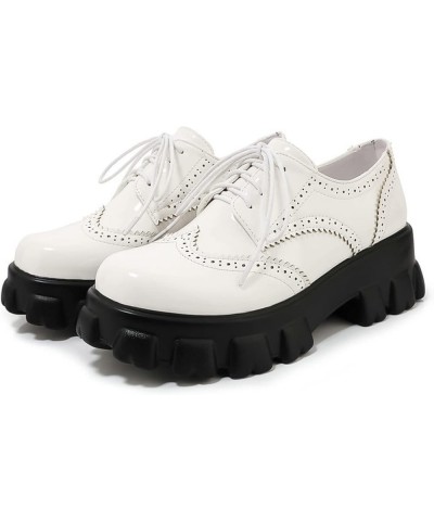 Women Lace Up Shoes Retro Brogue Oxford Platform Shoes Waterproof High Heel Outdoor Round Toe Chunky Heels Oxfords White $26....