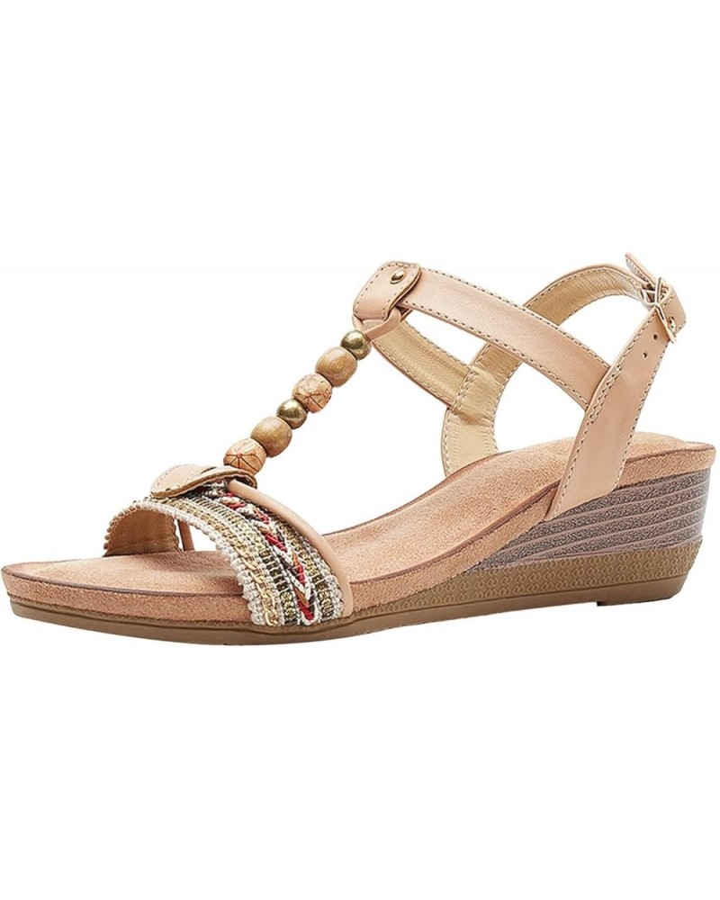 Women Dressy Flat Bohemian Summer Shoes Comfortable Gladiator Casual Walking Beach Sandals Beige $21.45 Athletic Shoes