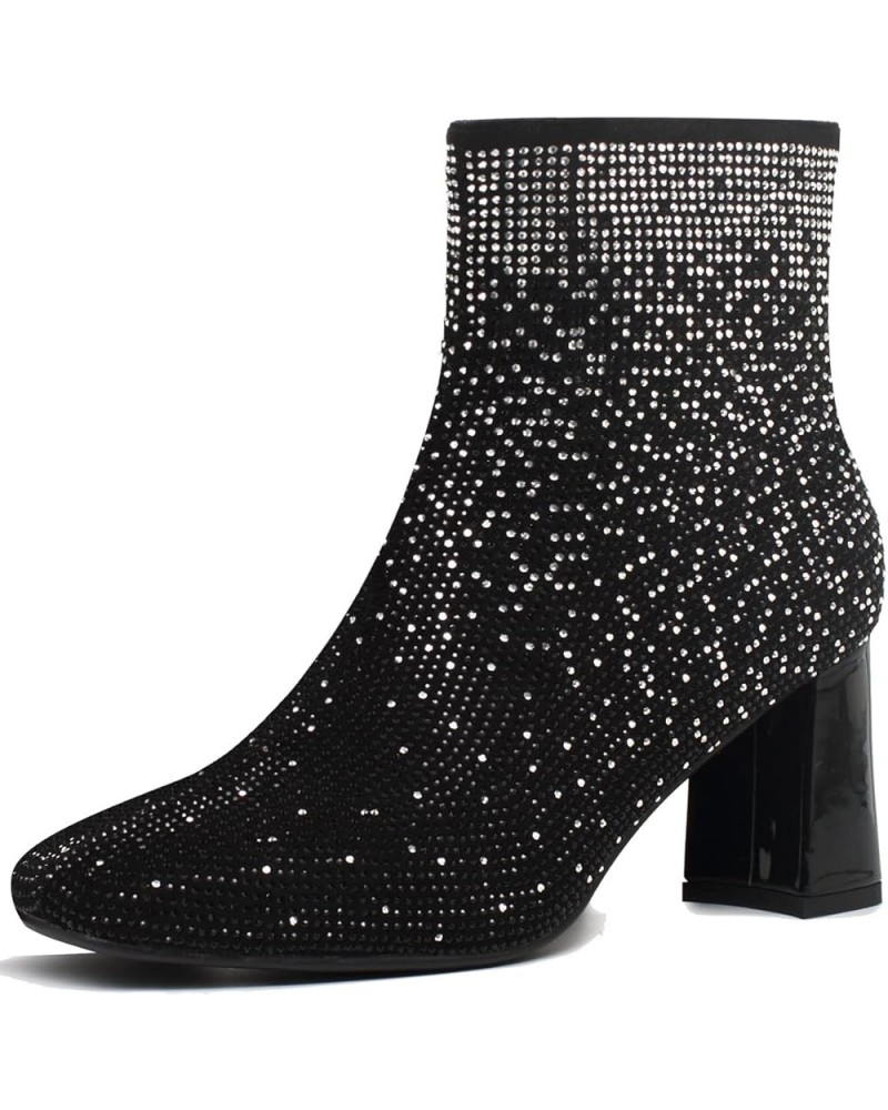 Womens GOGO Zipper Ankle Boots Round Toe Low Mid Block Heel Booties Rhinestone-black $36.39 Boots