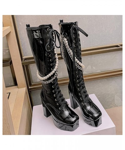 Knee High Boots Women Long Boots Solid Color Square Toe Thick High Heels Platform Glossy Leather Women Boots Lace Up Black $3...