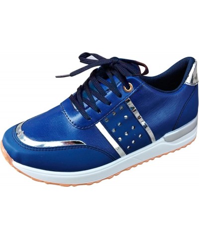 Ladies Fashion Color Blocking Leather Round Head Lace Up Flat Casual Sports Shoes Ww577 Walking Shoe (White, 7.5) 7 Blue $17....