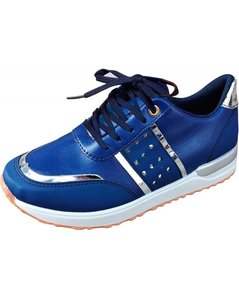 Ladies Fashion Color Blocking Leather Round Head Lace Up Flat Casual Sports Shoes Ww577 Walking Shoe (White, 7.5) 7 Blue $17....