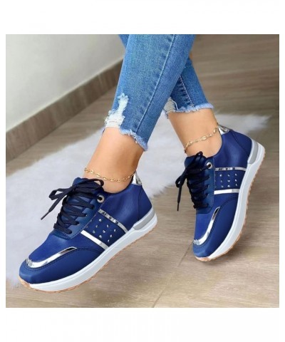 Ladies Fashion Color Blocking Leather Round Head Lace Up Flat Casual Sports Shoes Ww577 Walking Shoe (White, 7.5) 7 Blue $17....