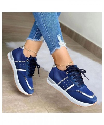 Ladies Fashion Color Blocking Leather Round Head Lace Up Flat Casual Sports Shoes Ww577 Walking Shoe (White, 7.5) 7 Blue $17....