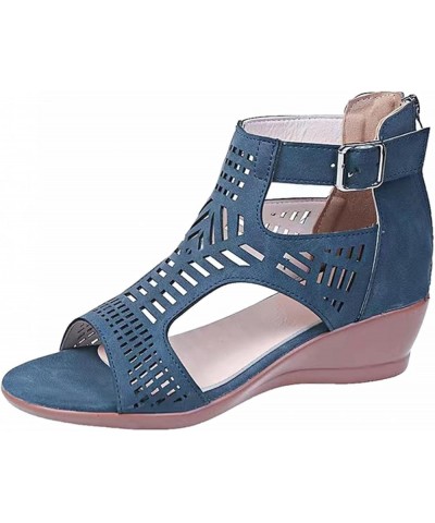 Sandals For Women Ladies Fashion Peep Toe Causal Shoes Hollow Out Wedges Sandals Sandals Women Flat Sandals Blue $10.14 Sandals