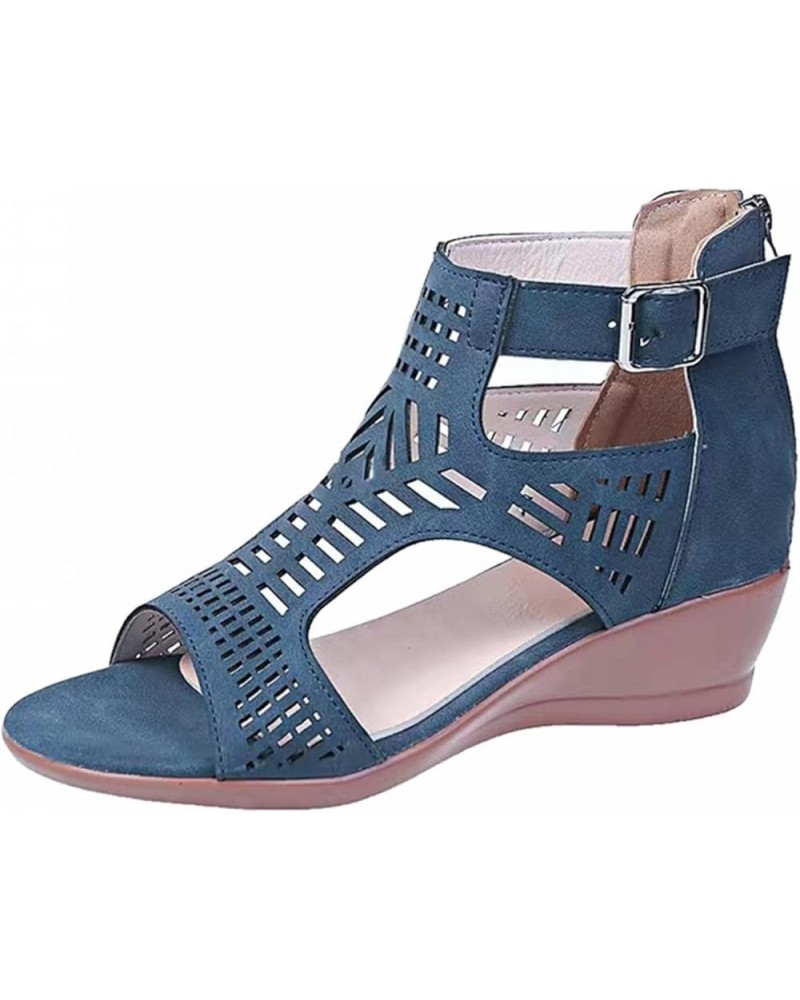 Sandals For Women Ladies Fashion Peep Toe Causal Shoes Hollow Out Wedges Sandals Sandals Women Flat Sandals Blue $10.14 Sandals