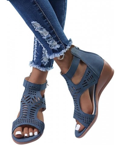 Sandals For Women Ladies Fashion Peep Toe Causal Shoes Hollow Out Wedges Sandals Sandals Women Flat Sandals Blue $10.14 Sandals