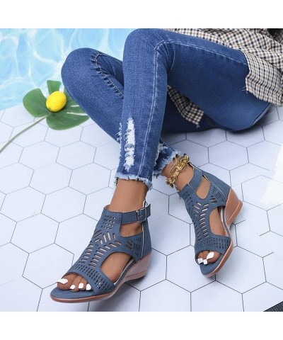 Sandals For Women Ladies Fashion Peep Toe Causal Shoes Hollow Out Wedges Sandals Sandals Women Flat Sandals Blue $10.14 Sandals