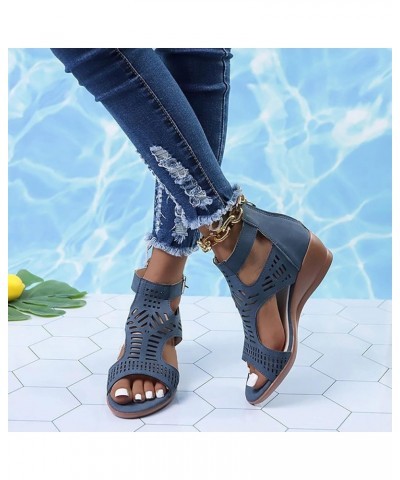 Sandals For Women Ladies Fashion Peep Toe Causal Shoes Hollow Out Wedges Sandals Sandals Women Flat Sandals Blue $10.14 Sandals