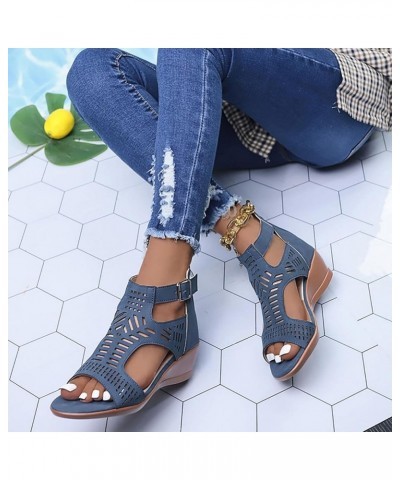 Sandals For Women Ladies Fashion Peep Toe Causal Shoes Hollow Out Wedges Sandals Sandals Women Flat Sandals Blue $10.14 Sandals