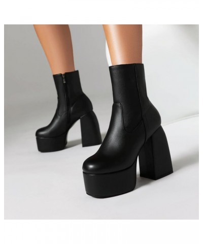 Women Platform Heel Boots Chunky High Heel Stretch Soft Mid Calf Boots EU35-48 480 Black $25.41 Boots