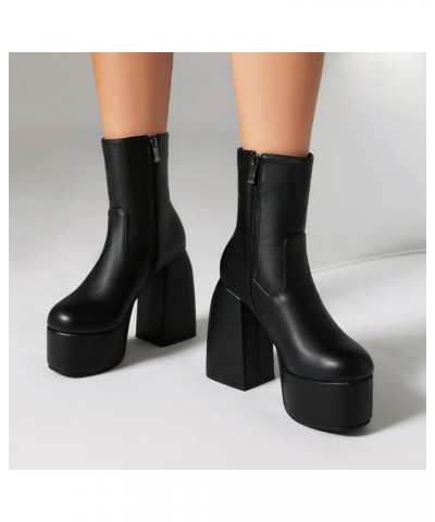 Women Platform Heel Boots Chunky High Heel Stretch Soft Mid Calf Boots EU35-48 480 Black $25.41 Boots