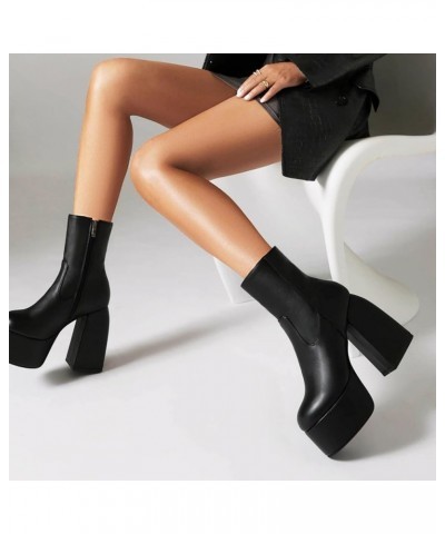 Women Platform Heel Boots Chunky High Heel Stretch Soft Mid Calf Boots EU35-48 480 Black $25.41 Boots