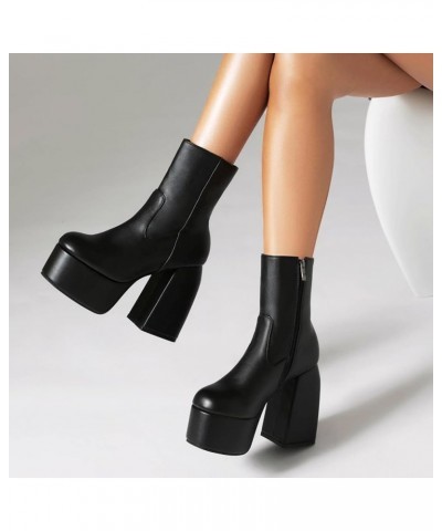 Women Platform Heel Boots Chunky High Heel Stretch Soft Mid Calf Boots EU35-48 480 Black $25.41 Boots